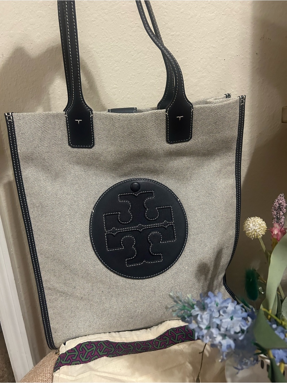 Tory Burch Ella North/south Tall canvas and leather tote natural/navy